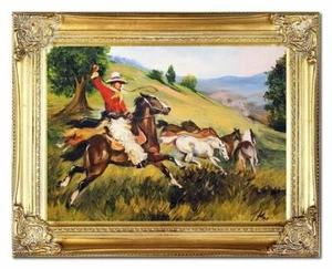 Chasse - Chevaux - Peinture À L'Huile Peint à la Main - avec Cadre - 37x47cm - Bild 1 von 1