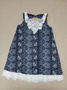 BEAUTEES Girls Size 10 Lined Tank Dress Blue White Floral Paisley Lace Trim Soft - Picture 1 of 6