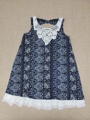BEAUTEES Girls Size 10 Lined Tank Dress Blue White Floral Paisley Lace Trim Soft - Image 1 of 4
