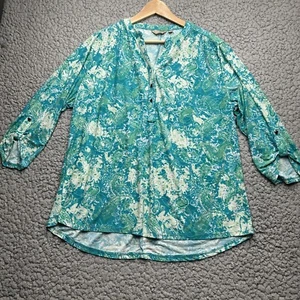 Coral Bay 1/4 Snap V-Neck Blouse Womens XL Blue Paisley Roll Tab Sleeve Coastal - Picture 1 of 11