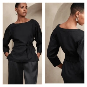 NWT Banana Republic Linen Tie Back Black Split Hem Blouse Small - Picture 1 of 15