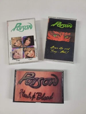 Lot of 3 - Poison Cassette Tapes - Look What The Cat, Open Up and Say, Flesh - Image 1 of 3