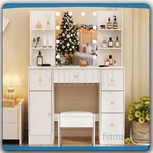 Dressing Table Stool Set With LED Makeup Mirror + 7 Drawers Vanity Desk Bedroom - Picture 1 of 7