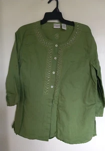 Erika Womens Button Up Linen Cotton Blend Green Blouse Size XL Sequin - Picture 1 of 4