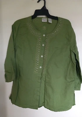 Blusa verde Erika para mujer con botones de lino mezcla de algodón talla XL lentejuelas Foto 1 de 4