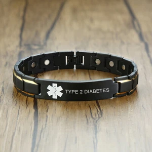 Medical Alert ID Health Magnet Therapy Men Bracelet Cuff Healing TYPE 2 DIABETES - Picture 1 of 12