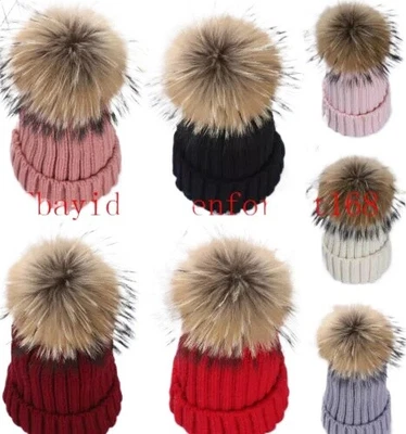 GREENFOREST168 Damen Echtfell Bommel Strick Mütze Winter-Mütze Ussuri Waschbärfell Bommelmütze