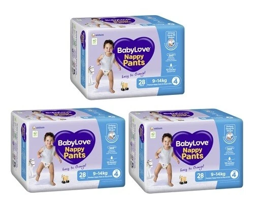 3 x Babylove Nappy Pants Toddler 9-14kg Size 4 28 Pants - image 1 of 1