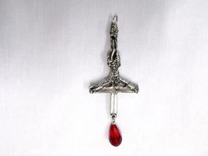 Inverted Jesus Cross Crucifix and Bood Red Crystal Evil Ornament Pewter Necklace - Picture 1 of 3