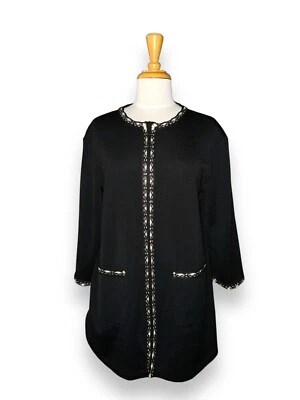 ST. JOHN Santana Knit Long Jacket Full Zip Duster w Crochet Trim Black New $1395 - Image 1 of 4