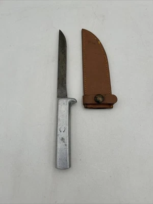 "Cuchillo de hoja fija vintage Moore Minneapolis de acero y aluminio con funda 10""" Foto 1 de 4