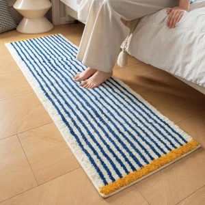 Alfombra de baño a rayas azules y blancas GIB alfombra 47" x 16", acento amarillo, extra S... - Imagen 1 de 8