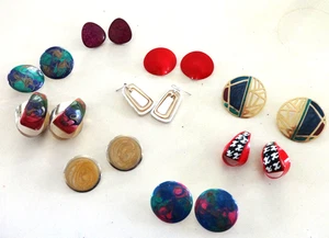 VTG RETRO LOT 9 PR EARRINGS PIERCED MULTICOLOR DISCS RED STUDS DANGLE WIRED GUC - Picture 1 of 20