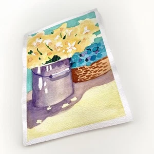 Floral Watercolor Still Life 11” Metal Bucket & Basket Bouquet Flowers, Mom Art - Picture 1 of 4