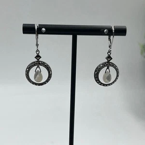 Judith Jack Vintage Sterling Silver Marcasite Mother of Pearl Dangle Earrings  - Picture 1 of 8