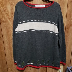 Elisabeth By Liz Claiborne Christmas Sweater 1X Christmas Trees 100% Cotton - Picture 1 of 6