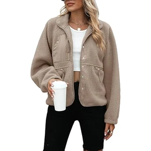 Giacca donna pile fuzzy manica lunga cappotti corti abbottonati sherpa capospalla - Foto 1 di 4