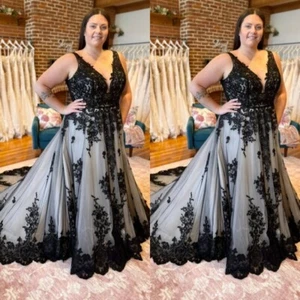 Gothic Brautkleider schwarz Spitze V-Ausschnitt Tüll Übergröße Brautkleid Sweep Schleppe - Bild 1 von 9