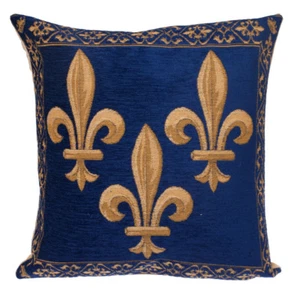 HIGH QUALITY 18" BELGIAN TAPESTRY CUSHION COVER BLUE GOLD, 3 FLEUR DE LYS 919 - Picture 1 of 3