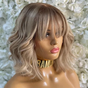 13x4x1 Lace Frontal Wig Human Hair Short Ombre Blonde Wave Wig with Bangs - Picture 1 of 9