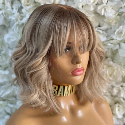 Peluca frontal de encaje 13x4 cabello humano ombre rubio ondulado peluca con flequillo para mujer Foto 1 de 4