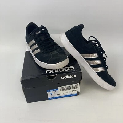 Adidas Womens 9 Sneaker VL Court 2.0 Black Suede Metallic Tennis Gym Skate Shoe - Image 1 of 4