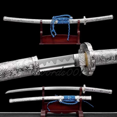 Handmade Japanese Silvery Tachi Katana Sword Dragon Fittings Carbon Steel - Image 1 of 4