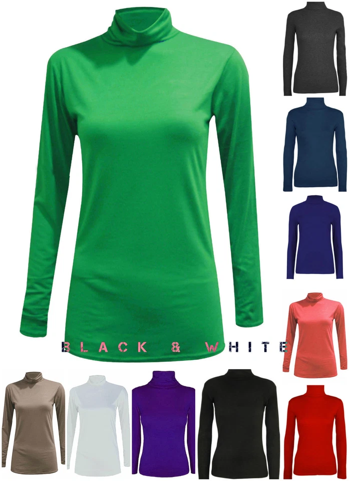 Mujeres Mangas Largas Lisa Tortuga Polo Cuello Rollo Damas Elastizado Saltador Prenda para el torso Camiseta Foto 1 de 1