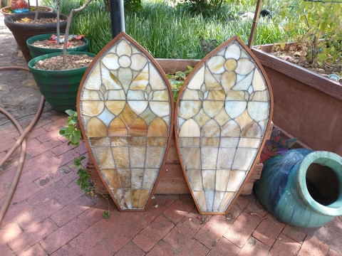 2 Architectural Salvage Antique Stained Glass Church Window Panels Cover