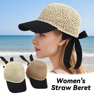 Sombrero de paja azul marino pajarita atada gorra de béisbol para mujer sombrero para el sol de verano - Imagen 1 de 17