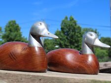 set 2 vintage carved wooden pewter head duck decoy fancy figurine made in India