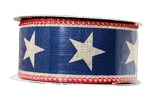 Patriotic 1.5" by 2 yd Tan Stars on Navy Wired Ribbon Veteran's Day Election - Picture 1 of 4
