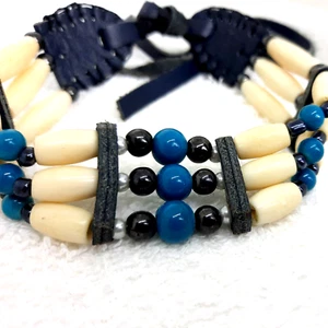 Indian Beaded Leather Choker Necklace 3 Row Faux Ivory Turquoise Black - Picture 1 of 12
