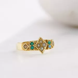 Türkis & Saatperle 15kt Gold Viktorianisch M&G 625 Selten 1900 Antik Panel Ring - Bild 1 von 10