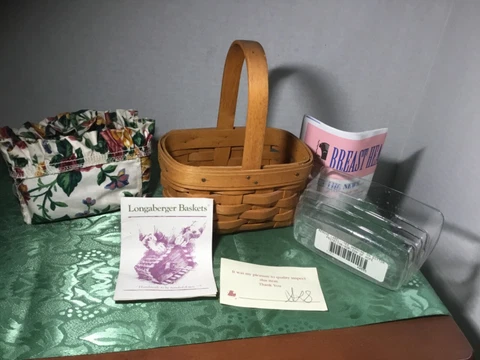Longaberger Mini Basket 1995 American Cancer Society W/ Floral & Plastic Liner Cover