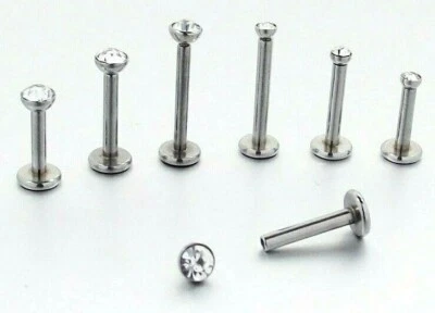 16g 18g 4mm - 10mm Long Bar Internally Threaded Labret Lip Tragus Helix Gem Stud - Image 1 of 4