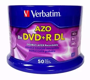 50 VERBATIM AZO 8X DVD+R DL Dual Double Layer 8.5GB Logo Branded Spindle 97000 - Picture 1 of 3
