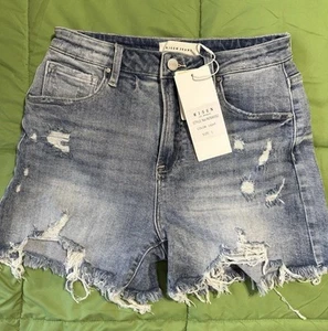 Risen Brand Light Blue High-Waisted Jean Shorts with Distressing Size Large - Picture 1 of 3