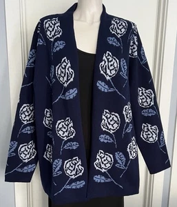Victoria Hill Jacquard Knit Cardigan Sz XL Navy Blue With Floral Print Cardi Gc - Picture 1 of 6