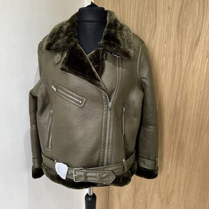 Topshop Khaki Faux Shearling Aviator Jacket. Size 14. NWT. - Picture 1 of 10