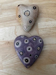 2 Handcarved In Kenya Soapstone Hearts - Purple 5” & Tan 4.25” - Picture 1 of 5