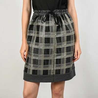 Marni 46 Made In Italy Women's Black Gray Metallic Check Drawstring Midi Skirt - Image 1 of 4