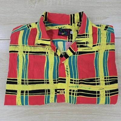 VINTAEG 90's Men's M Jams World Rayon Geometric Striped Red Camp Hawaiian Shirt - Image 1 of 4