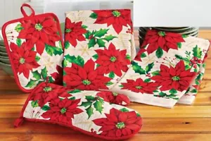 Set 4 pezzi: 1 PORTAVASO, 1 GUANTO DA FORNO E 2 ASCIUGAMANI, NATALE, FIORI E BACCHE DI POINSETTIA, CE - Foto 1 di 12