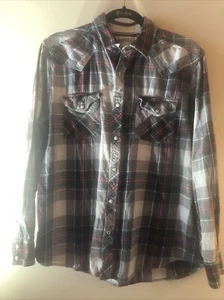 VTG Sears Roebucks Pearl Snap Medium Plaid Flannel Shirt Western LT 80s - Picture 1 of 9