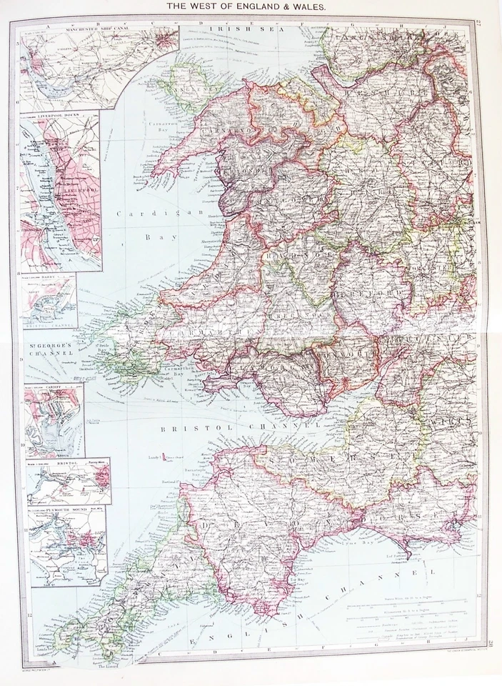 OLD ANTIQUE MAP WEST ENGLAND WALES PLYMOUTH CARDIFF LIVERPOOL c1906 by G PHILIP Foto 1 de 1