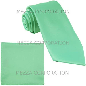 New formal men's necktie & hankie set solid color polyester wedding aqua green - Picture 1 of 3