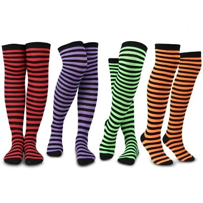 4 Pairs Halloween Striped Thigh High Witch Socks for Women over the Knee Hall... - Image 1 of 4