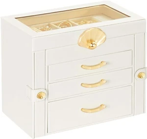 Enthralite Jewellery Box Glass Lid 4-Layer Jewellery 3 Drawers Women White HOUSE - Picture 1 of 9