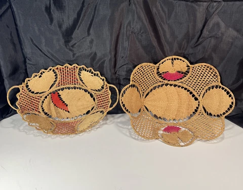 Vintage Hand Woven Straw & Wire Frame Oval Bread Baskets-Intricate Doily Design Cover